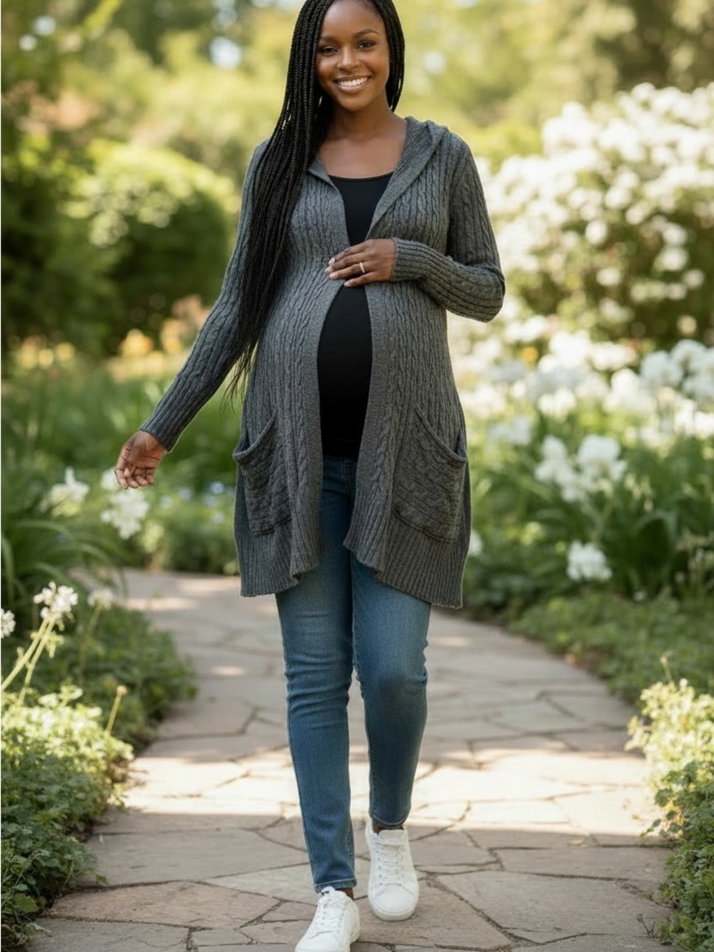 A Pea In The Pod Cozy Gray Cable Knit Maternity Cardigan Sweater Medium
